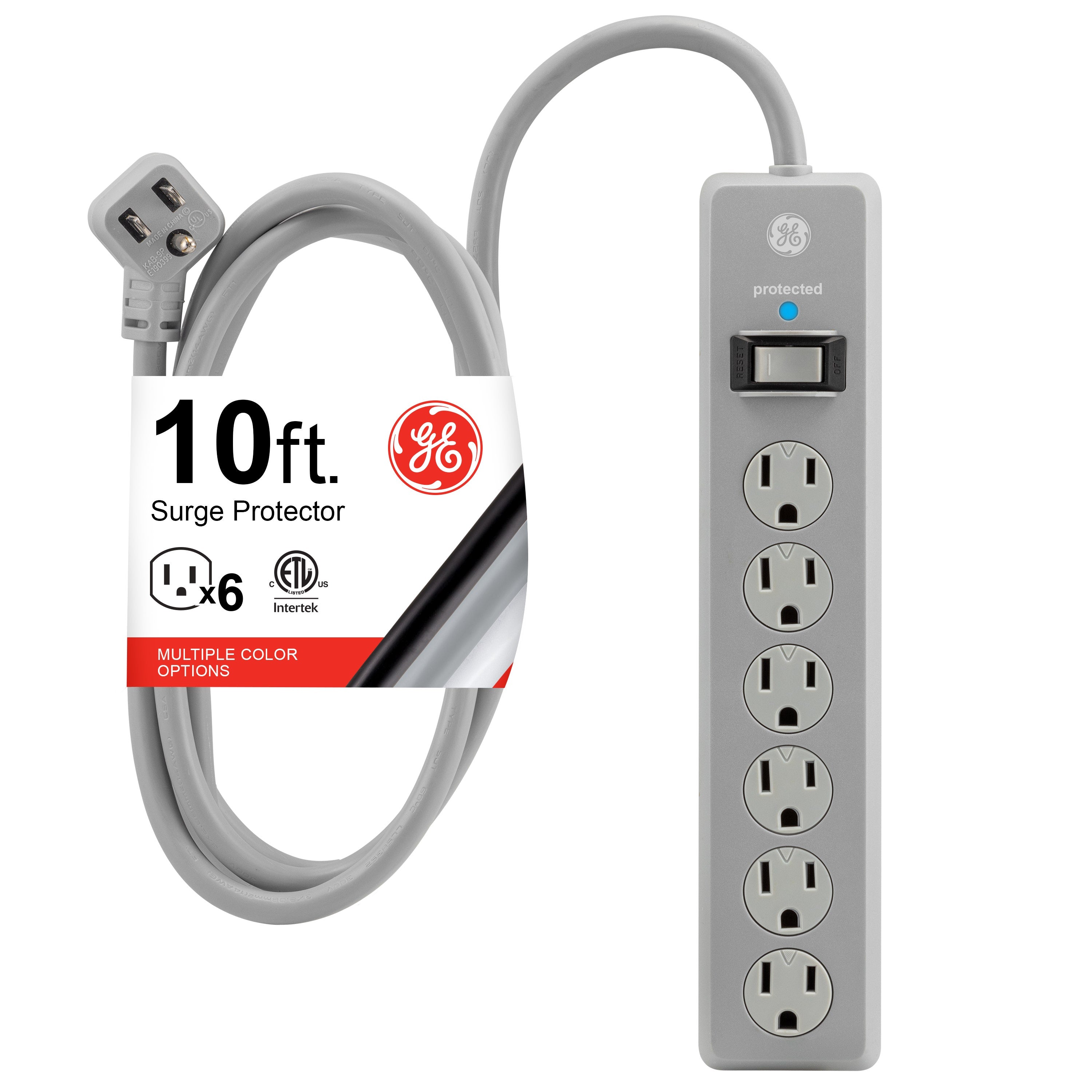 GE 6-Outlet 10ft. Surge Protector with Twist-to-Close Safety Outlets, Gray