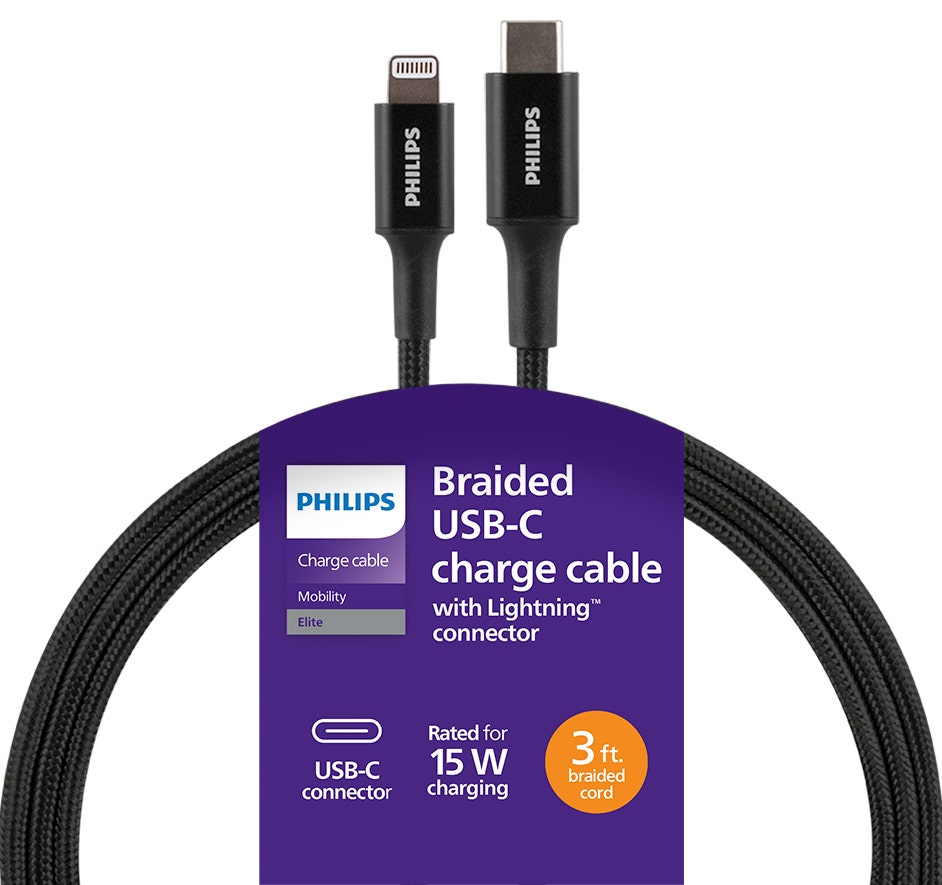 Philips 3ft. USB-C to Lightning Braided Charging Cable, Black
