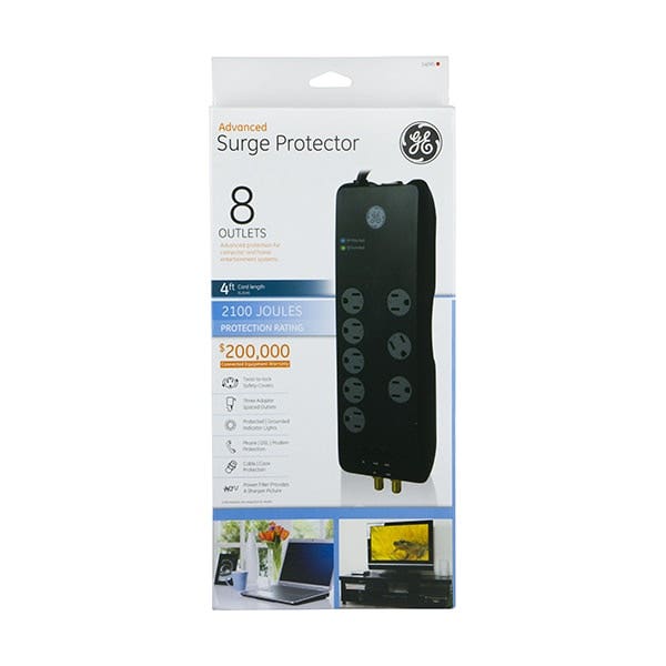 GE 8-Outlet 4ft. Surge Protector, Black