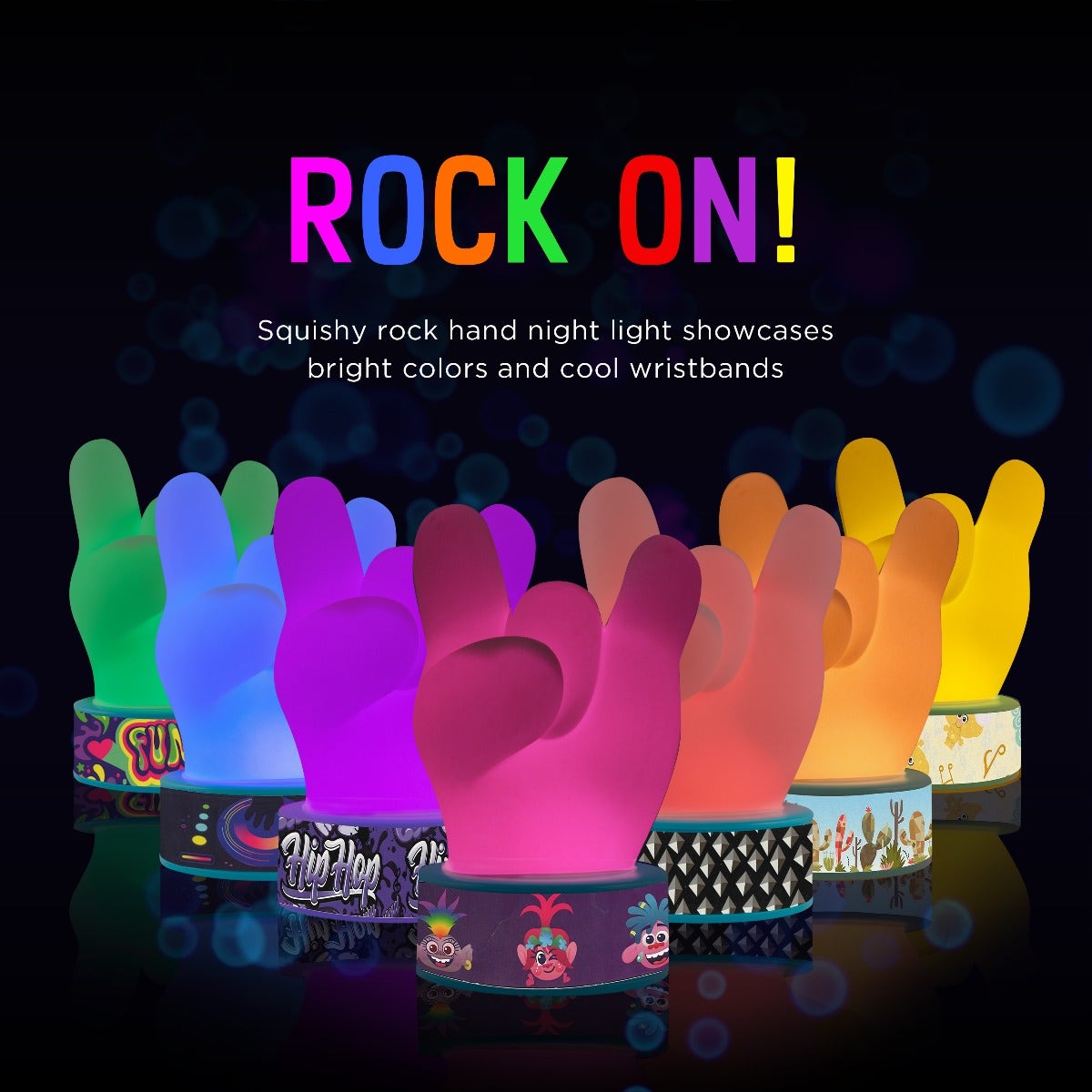 Trolls World Tour Color Changing Squishy Rock Hand LED Night Light with Changeable Bracelets, Blue