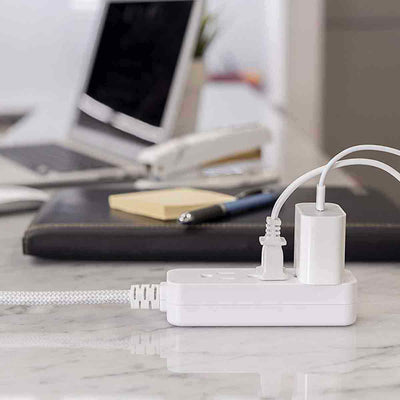GE 3-Outlet 1ft. Mini Braided Extension Cord with Flat Plug, White/Gray