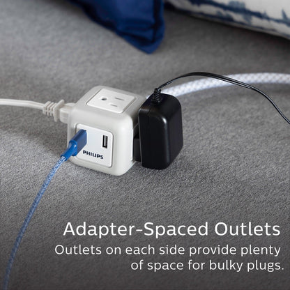 Philips 3-Outlet 2-USB 10ft. Extension Cord with Rubberized Cube, Gray/White