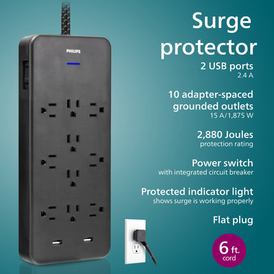 Philips 10-Outlet 6ft. 2 USB-A Surge Protector With Adapter-Spaced Outlets, Black
