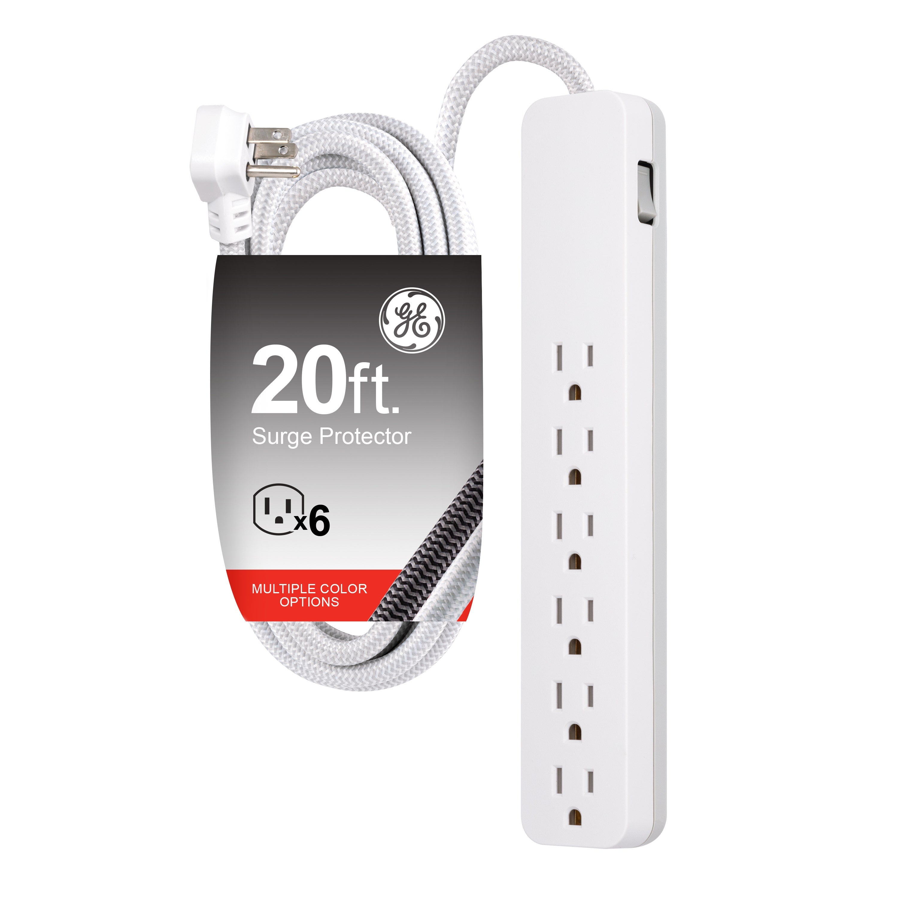 GE 6-Outlet Surge Protector 20ft. Braided Cord, White