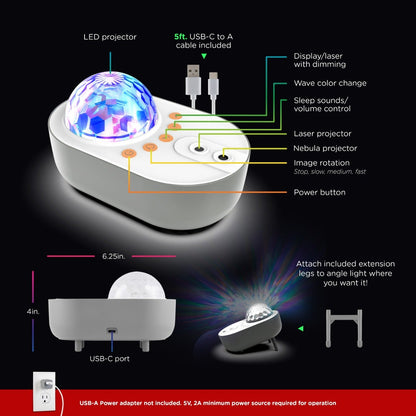 Enbrighten EcoScapes Galaxy Wave Projector LED Tabletop Night Light with Sound Effects, White