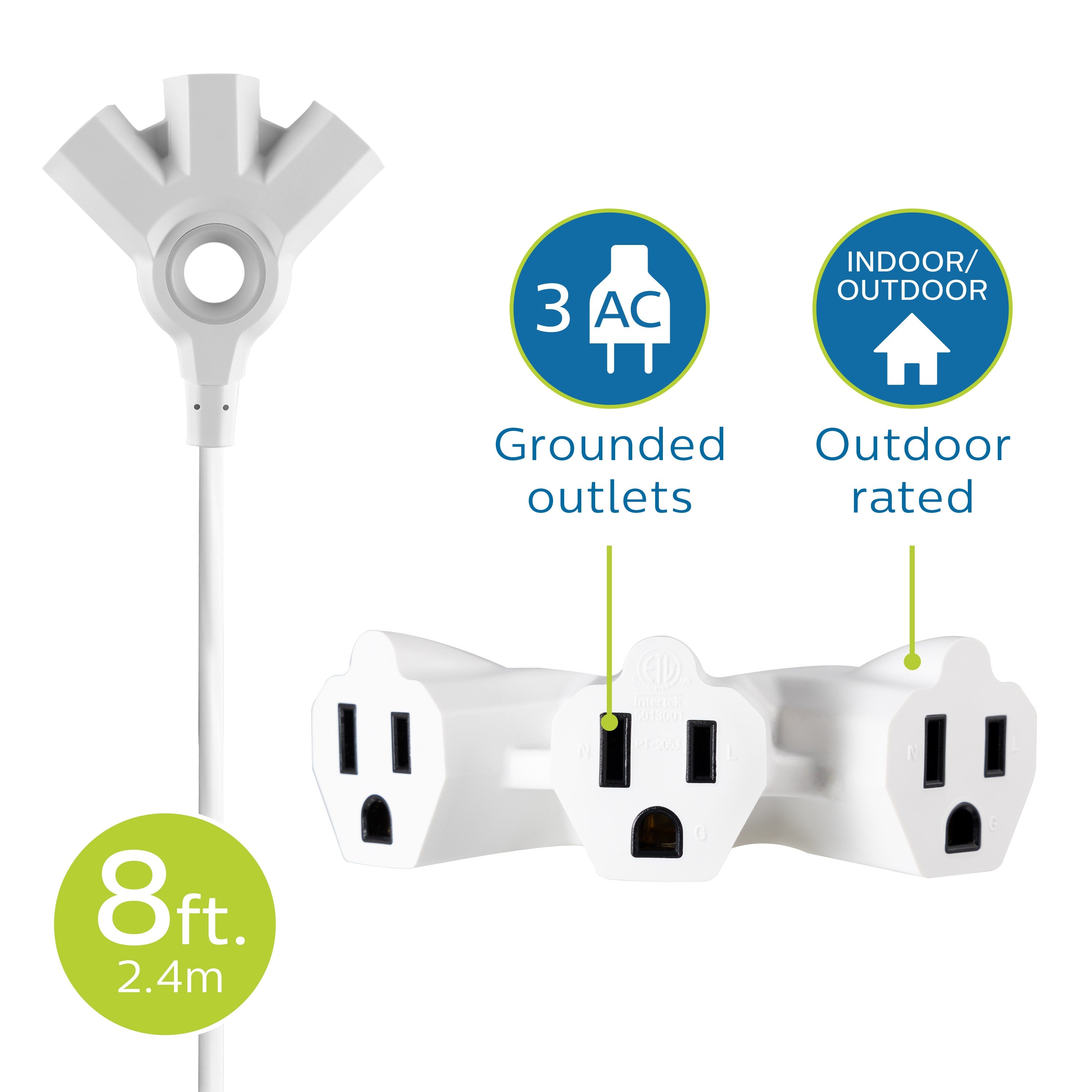 Philips EZGrip 3-Outlet 8ft. Indoor/Outdoor Extension Cord, White