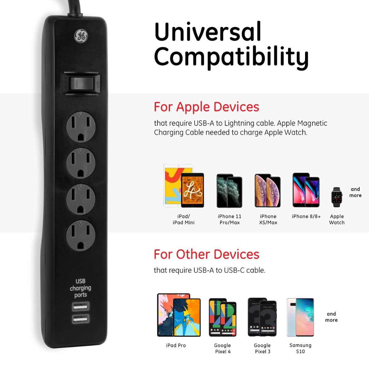 GE 4-Outlet 2-USB 3ft. Surge Protector With Twist-To-Close Safety Covers, Black