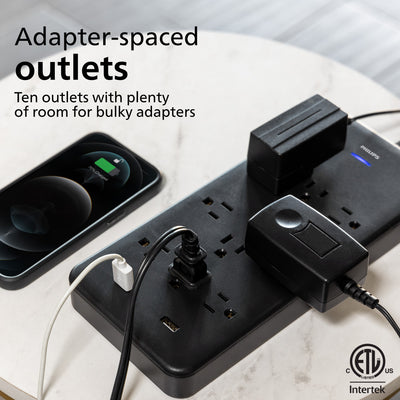 Philips 10-Outlet 6ft. 2 USB-A Surge Protector With Adapter-Spaced Outlets, Black