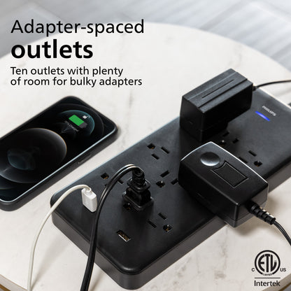 Philips 10-Outlet 6ft. 2 USB-A Surge Protector With Adapter-Spaced Outlets, Black