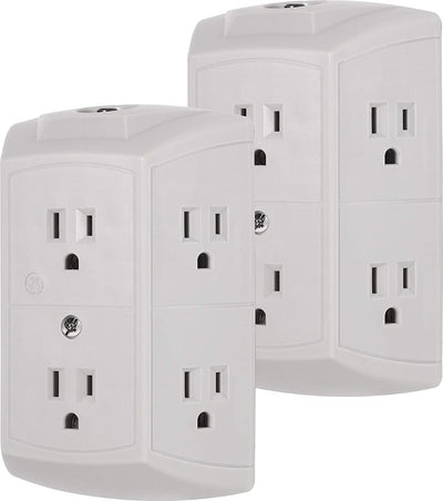 GE 6-Outlet Wall Tap with Resettable Circuit Breaker, 2 Pack, Gray