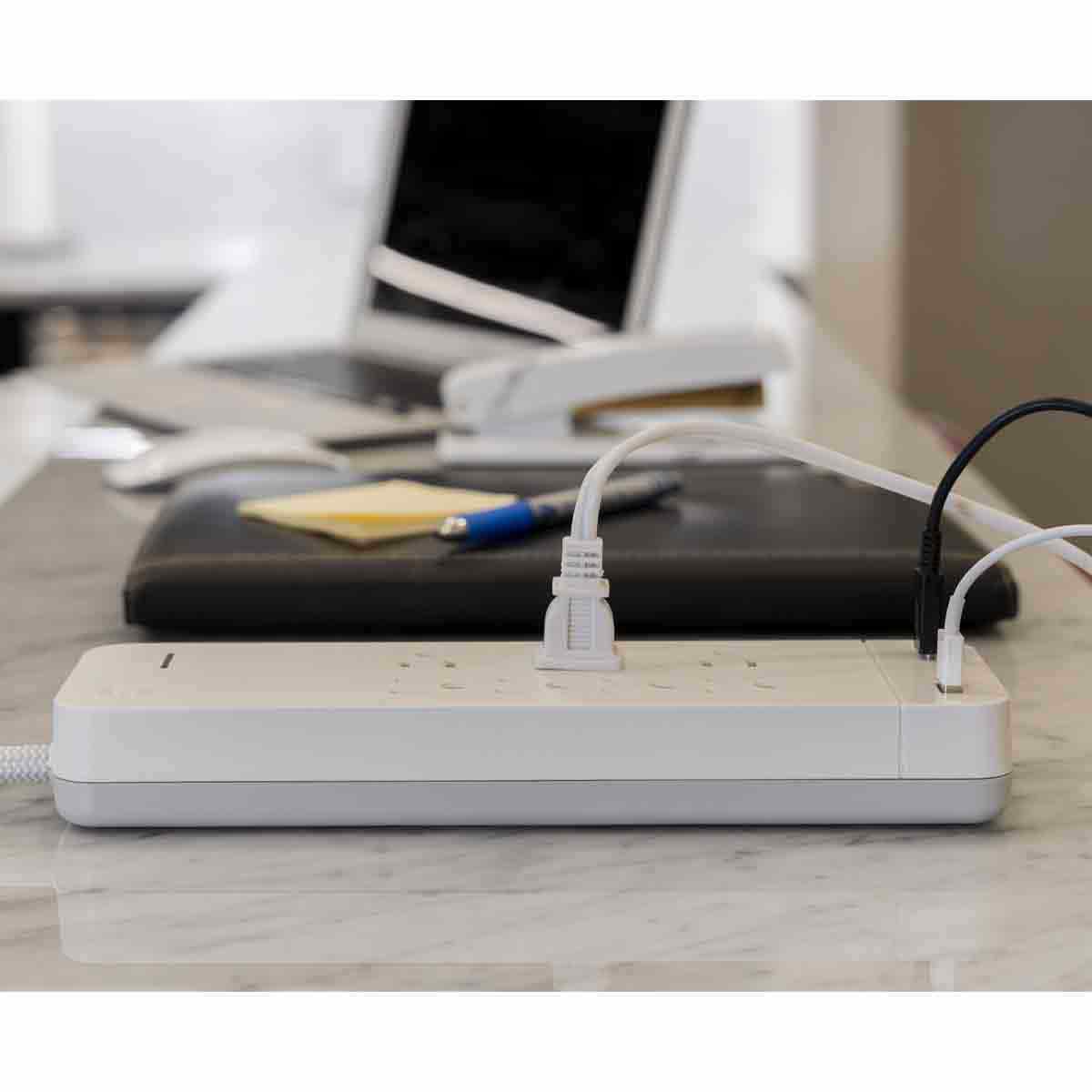 GE 7-Outlet 2-USB 4ft. Surge Protector with USB-C and Braided Cord, White