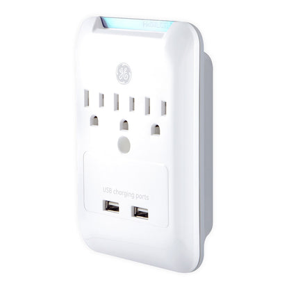 GE 3-Outlet 2-USB Wall Tap with Surge Protection, White