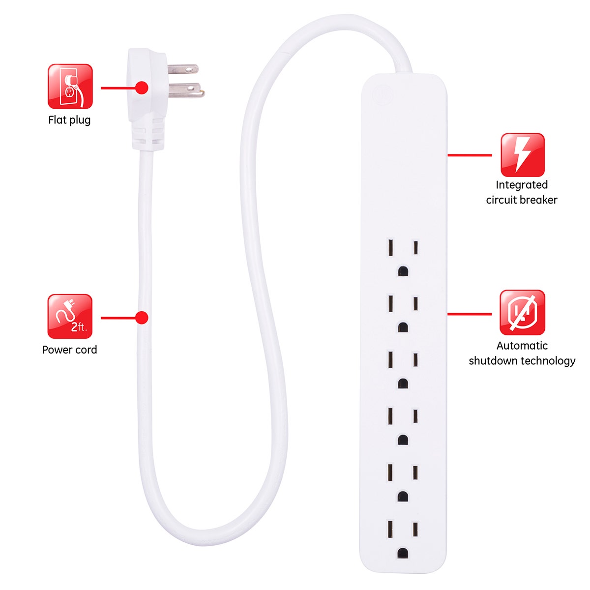 GE 6-Outlet 2ft. Surge Protector, White