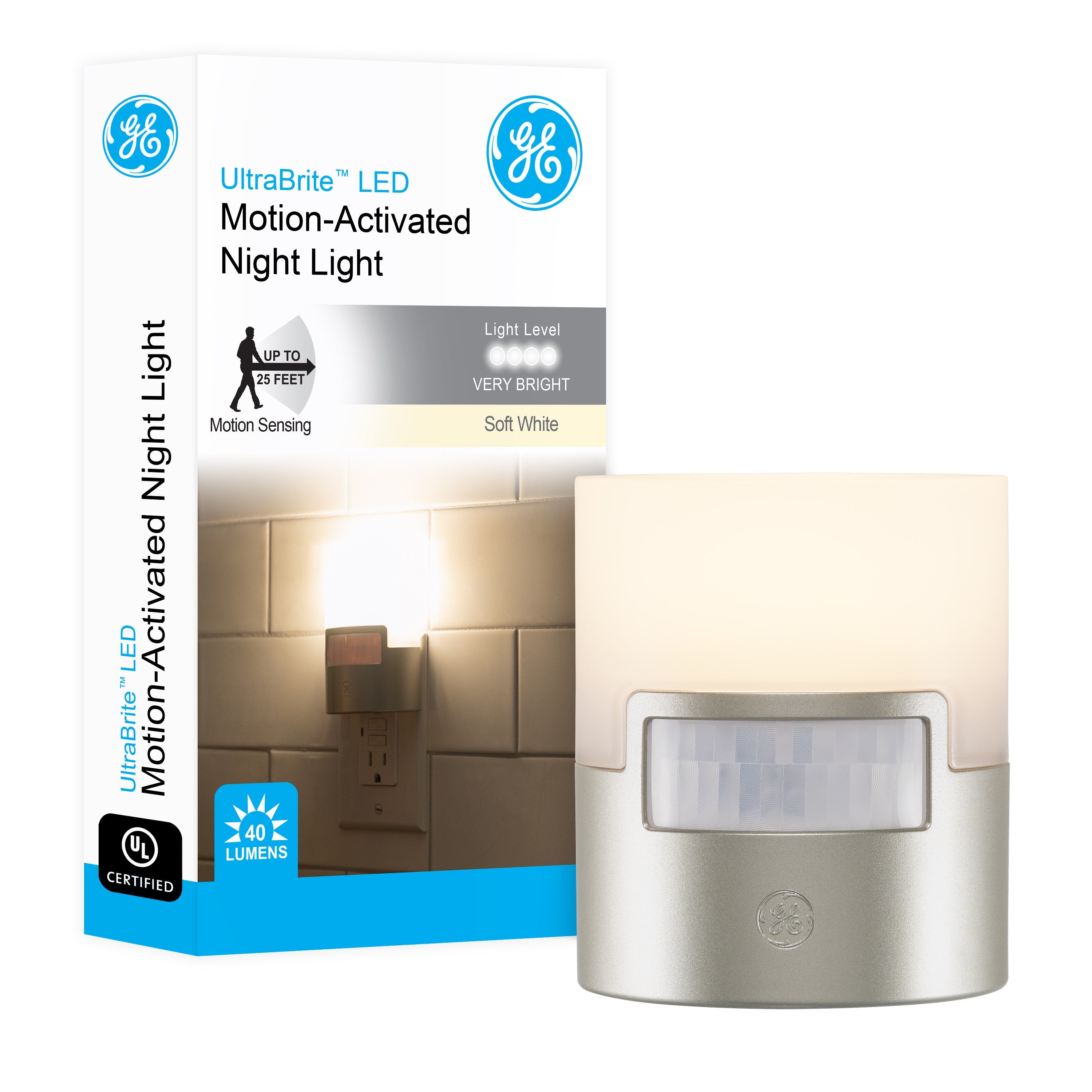 GE UltraBrite Motion Activated LED Night Light, Silver