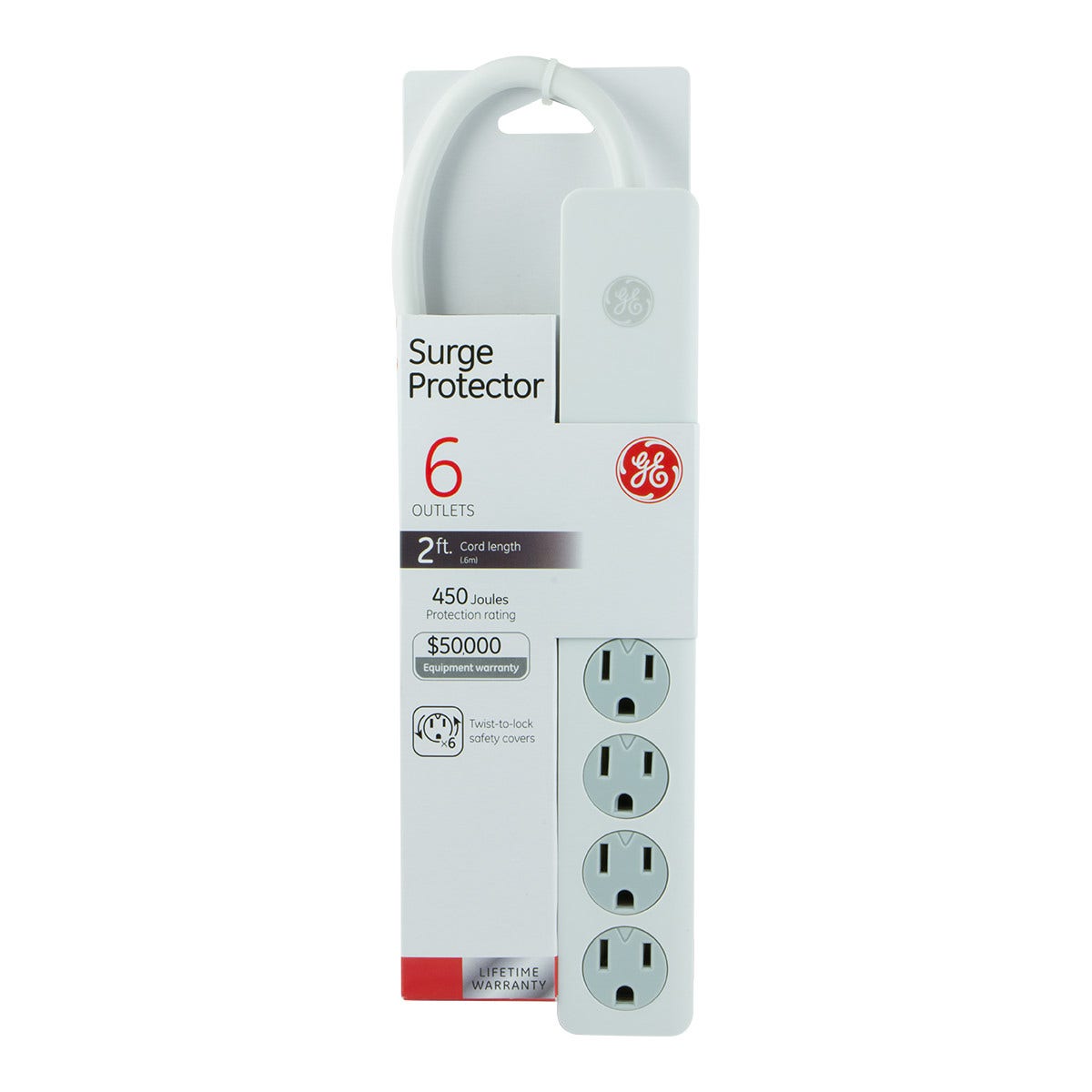 GE 6-Outlet 2ft. Surge Protector with Twist-to-Close Safety Outlets, White