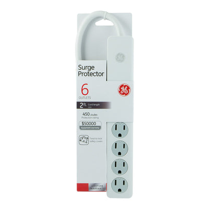 GE 6-Outlet 2ft. Surge Protector with Twist-to-Close Safety Outlets, White