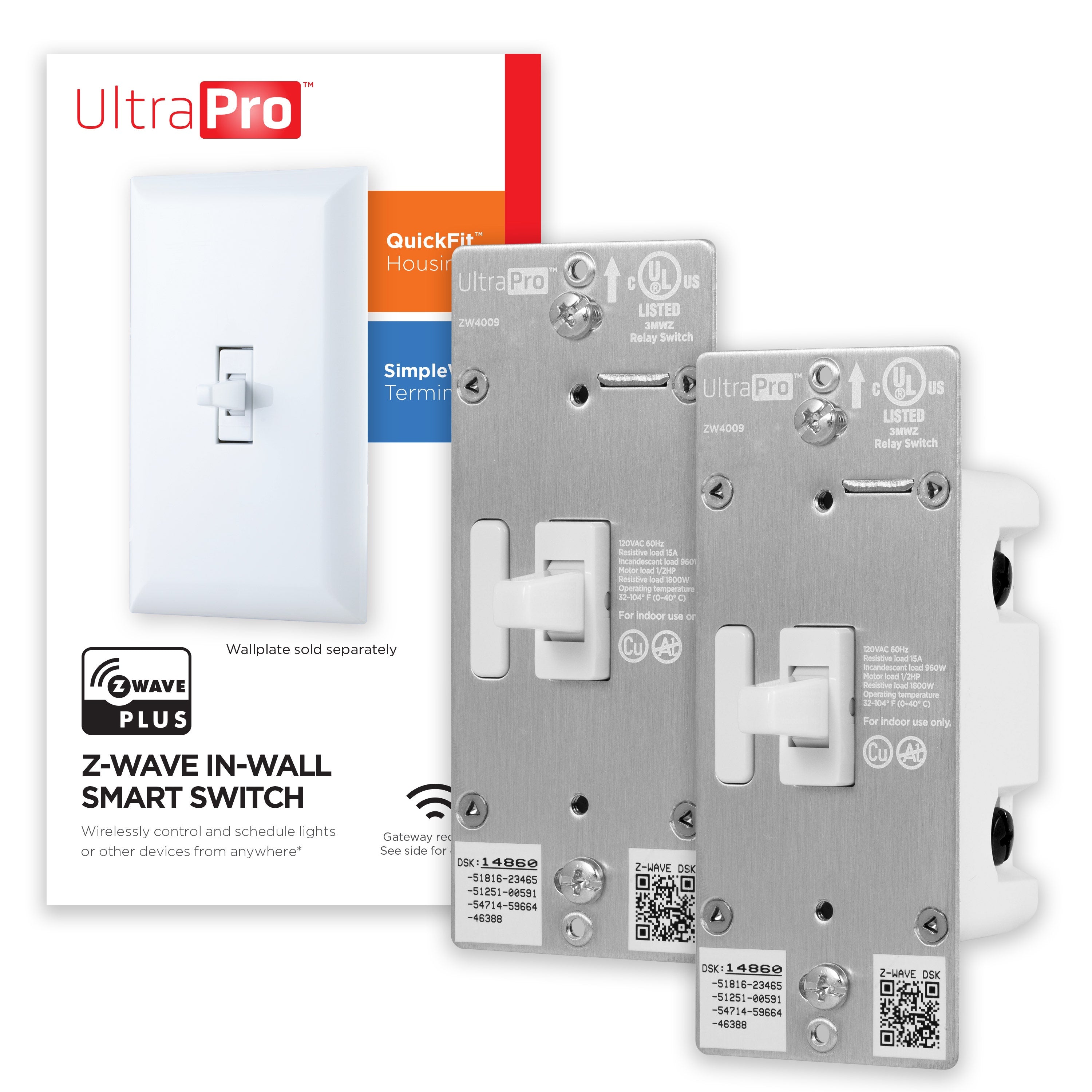 UltraPro Z-Wave In-Wall Smart Toggle Switch with QuickFit™ and SimpleWire™, 2 Pack, White