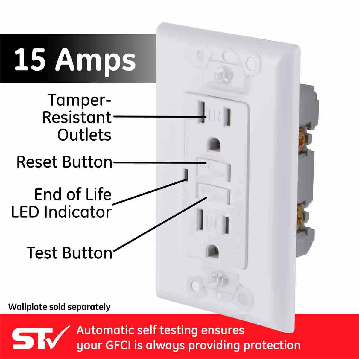 GE GFCI Tamper Resistant Receptacle with LED Indicator, White