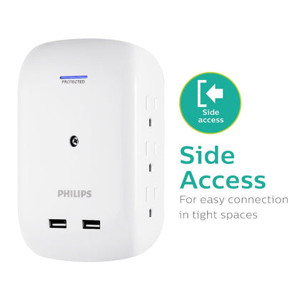Philips 6-Outlet 2-USB Wall Tap with Surge Protection and Device Shelf, White