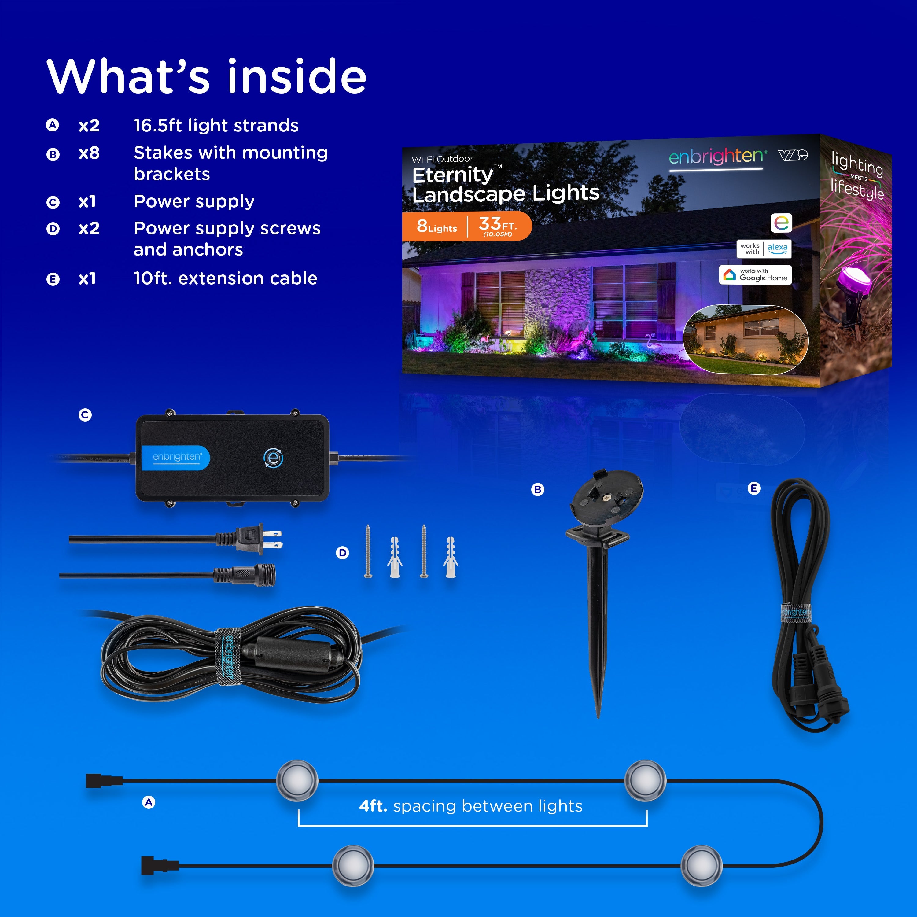 Enbrighten WiFi VIBE Color-Changing Eternity Landscape Lights, 8 Lights, 33ft. Black Cord