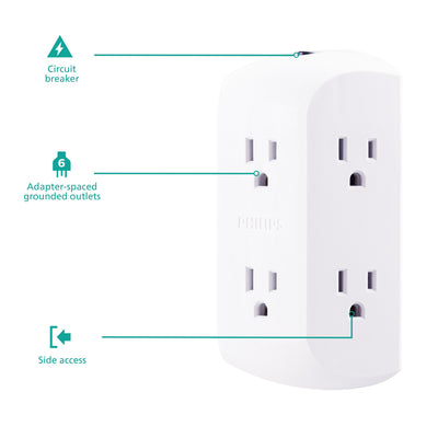 Philips 6-Outlet Wall Tap with Resettable Circuit Breaker, White