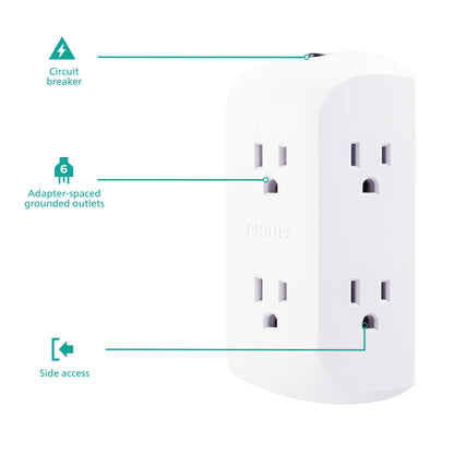 Philips 6-Outlet Wall Tap with Resettable Circuit Breaker, White