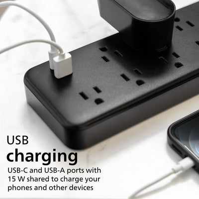 Philips 9-Outlet 6ft. 1 USB-A 1 USB-C Surge Protector With Adapter-Spaced Outlets, Black