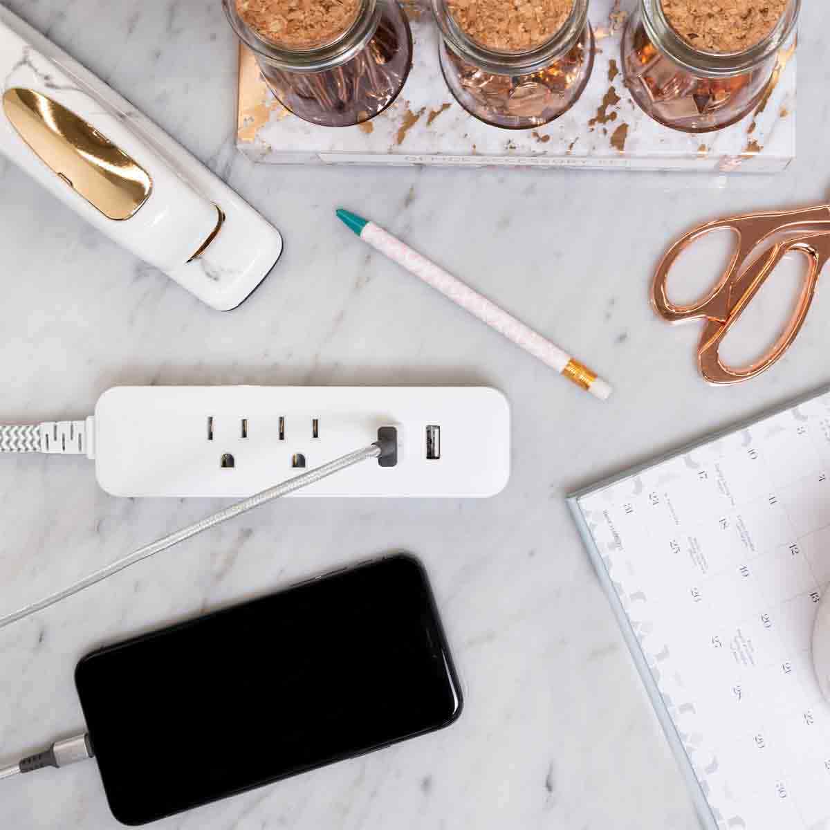 Cordinate 2-Outlet 2-USB 10ft. Braided Extension Cord with Surge Protection, White/Gray