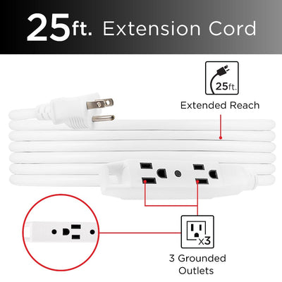 UltraPro 3-Outlet 25ft. Heavy Duty Indoor/Outdoor Extension Cord, 2 Pack, White