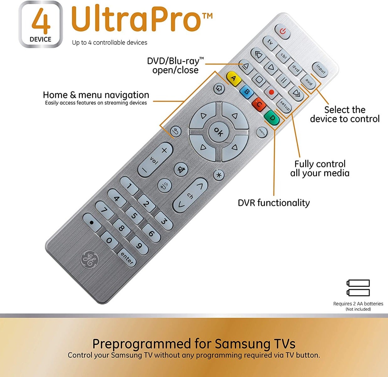 GE 4-Device Backlit Universal Remote, Brushed Silver