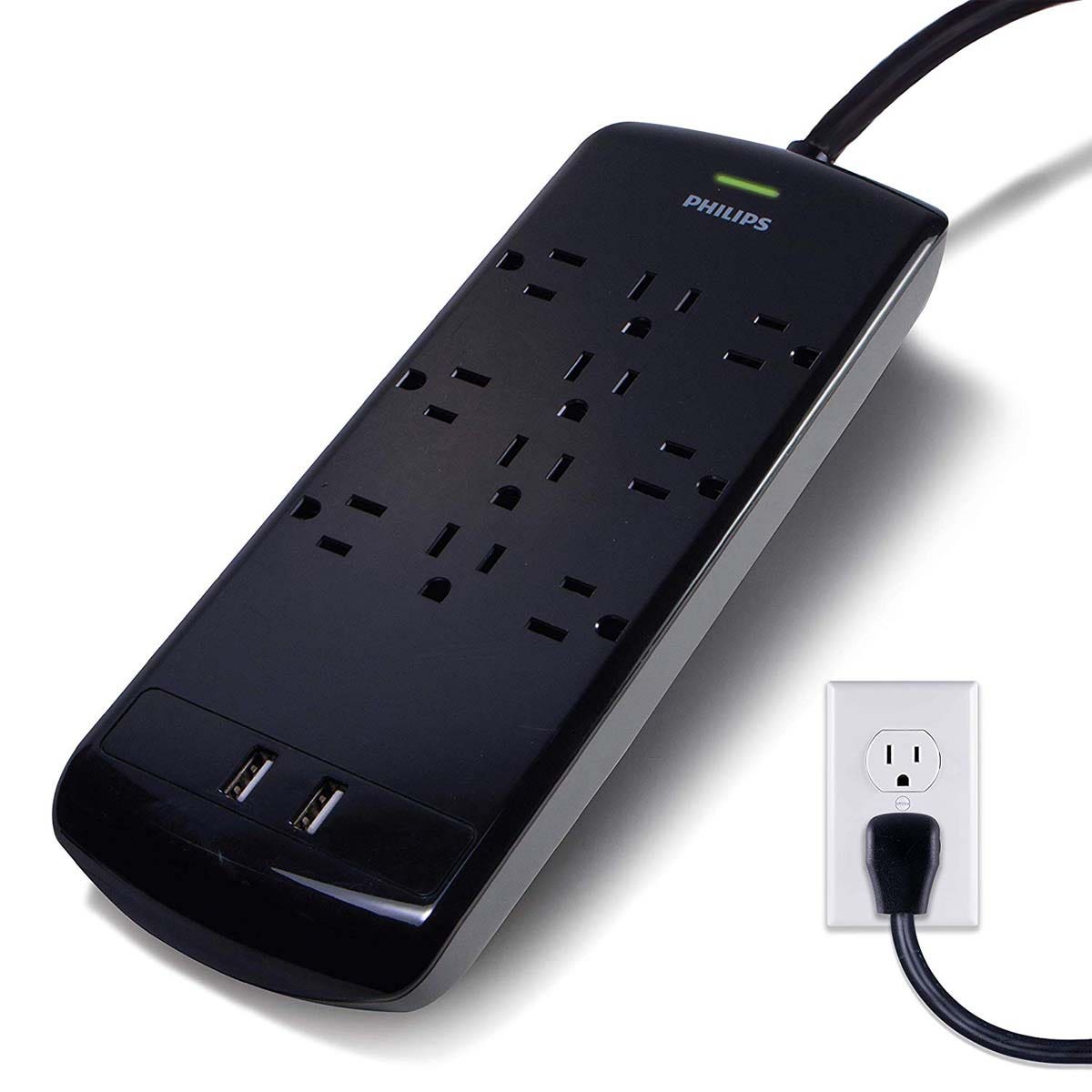 Philips 10-Outlet 2-USB 6ft. Surge Protector, Black