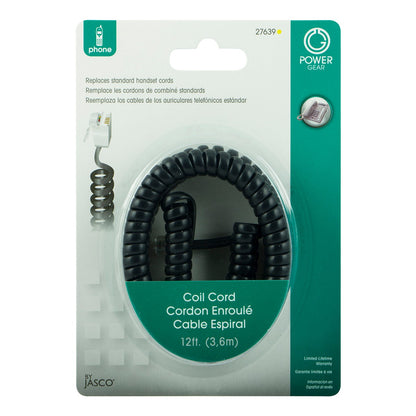 cordon gear Power Gear Coiled Phone Cord, Plug/Plug, 12 ft, Black