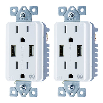 GE UltraPro 2-Outlet 2-USB Charging Tamper Resistant Receptacle, 2 Pack, White