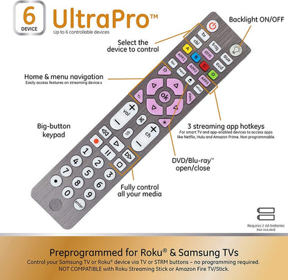 GE 6-Device Backlit Universal Remote, Brushed Black
