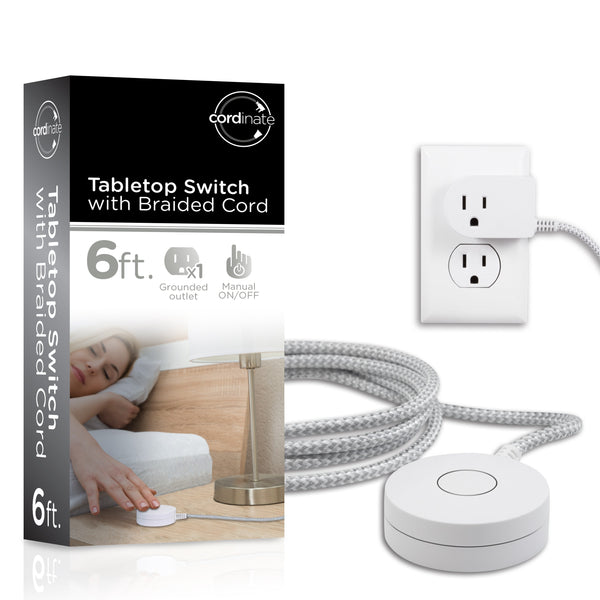 Cordinate 1-Outlet Tabletop Switch with 6ft. Braided Extension Cord, White/Gray