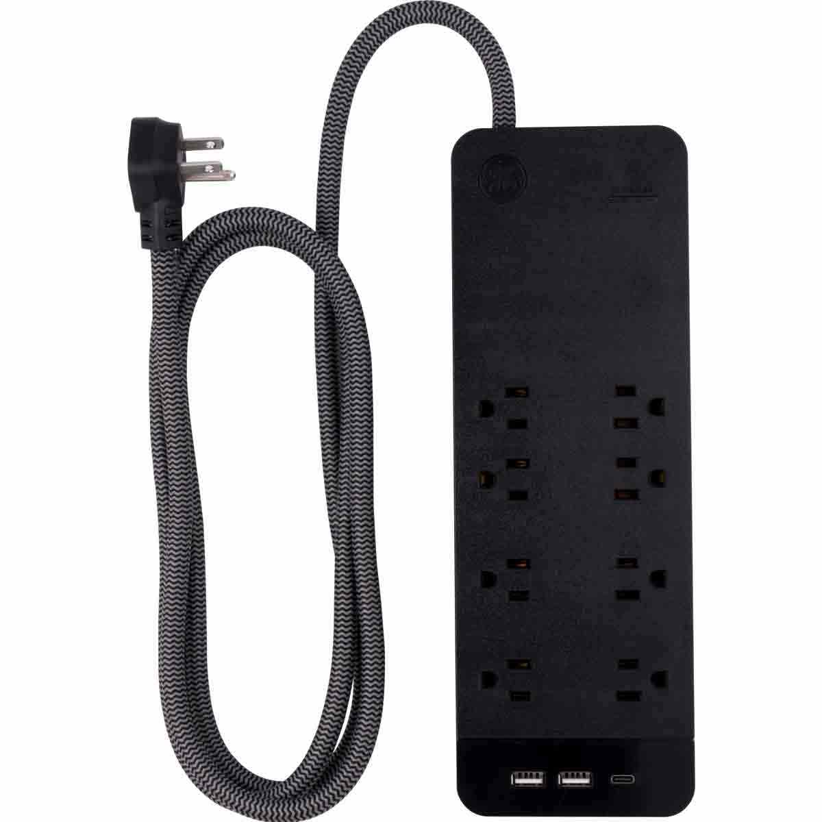 GE 8-Outlet 3-USB 6ft. Surge Protector with USB-C and Braided Cord, Black