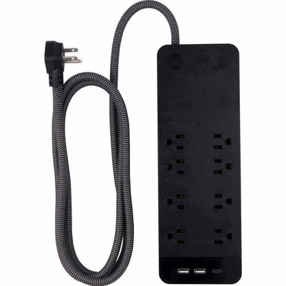 GE 8-Outlet 3-USB 6ft. Surge Protector with USB-C and Braided Cord, Black