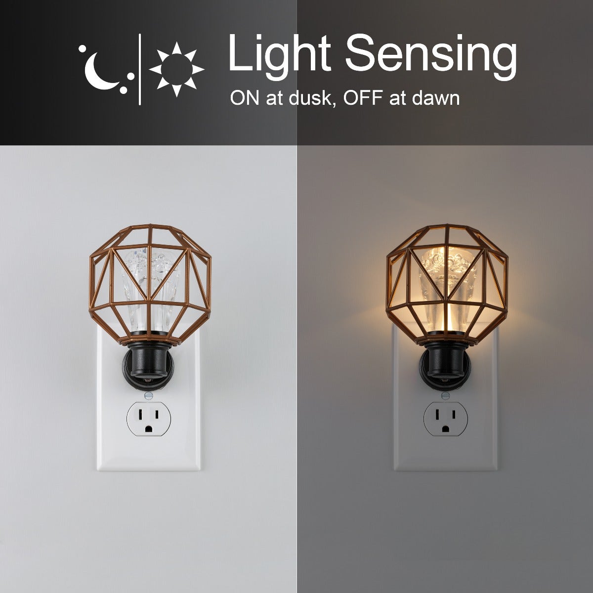 GE Vintage Geometric Cage Frame Light Sensing LED Night Light, Bronze