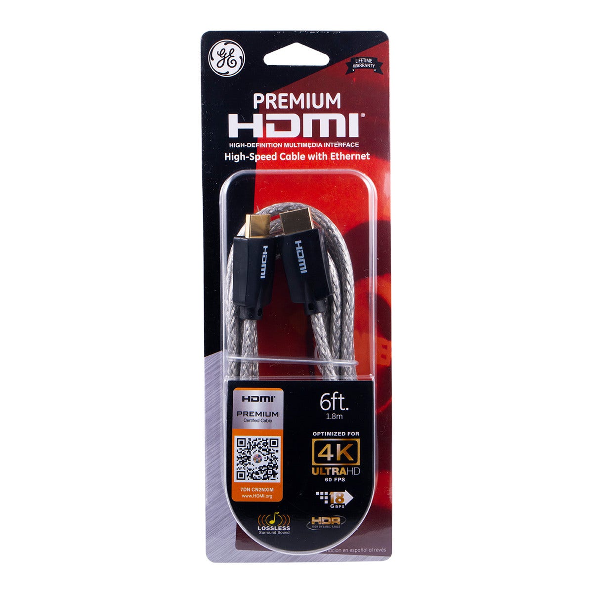 GE Pro Premium 6 ft. HDMI Cable with Ethernet, Silver