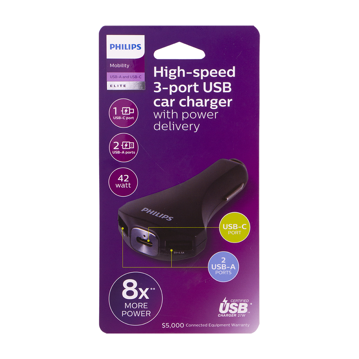 Philips 3-USB Car Charger with 1 USB-C and 2 USB-A and Power Delivery, Black
