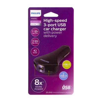Philips 3-USB Car Charger with 1 USB-C and 2 USB-A and Power Delivery, Black