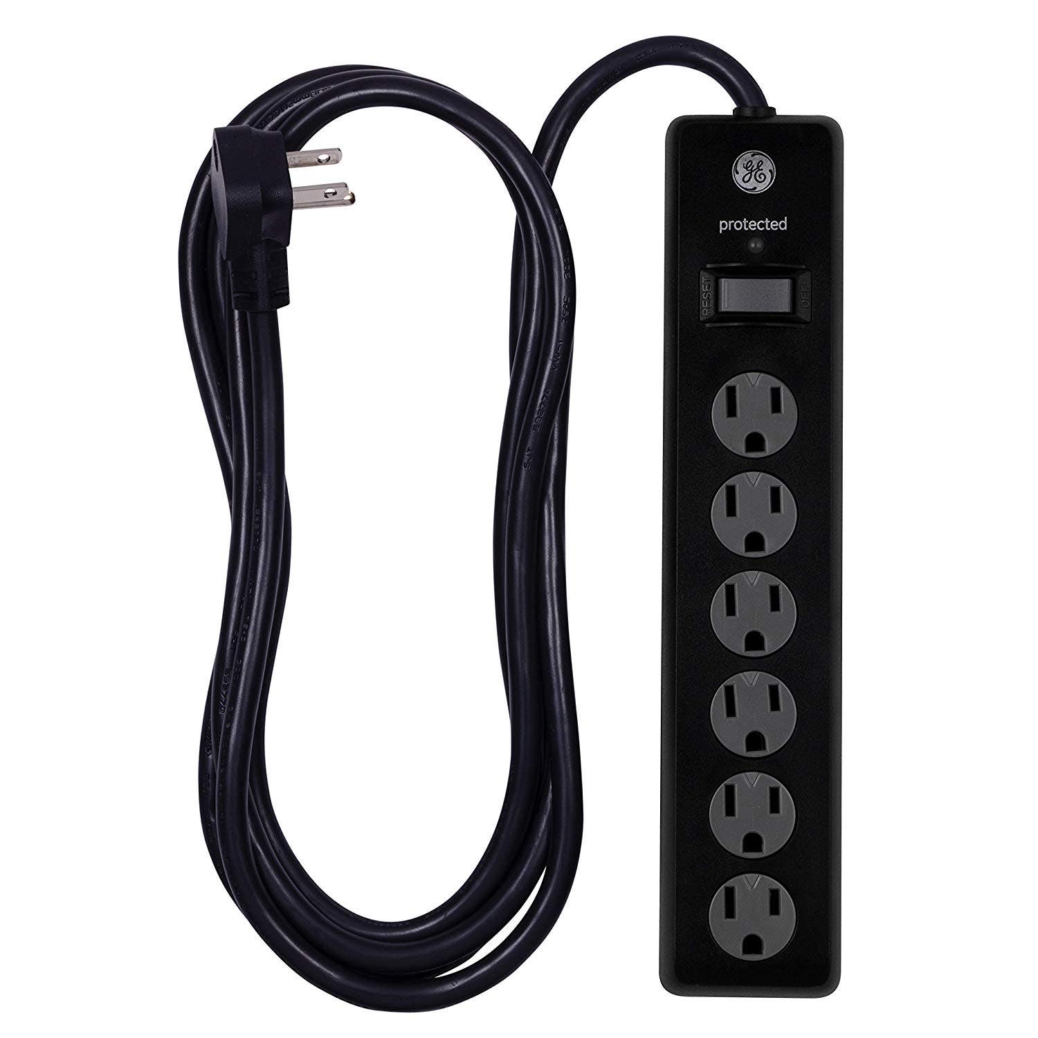 GE 6-Outlet 10ft. Surge Protector With Twist-To-Close Safety Covers, Black