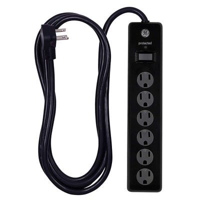 GE 6-Outlet 10ft. Surge Protector With Twist-To-Close Safety Covers, Black