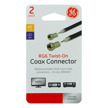 GE RG6 Twist-On F Connectors, Silver, 2 Pack