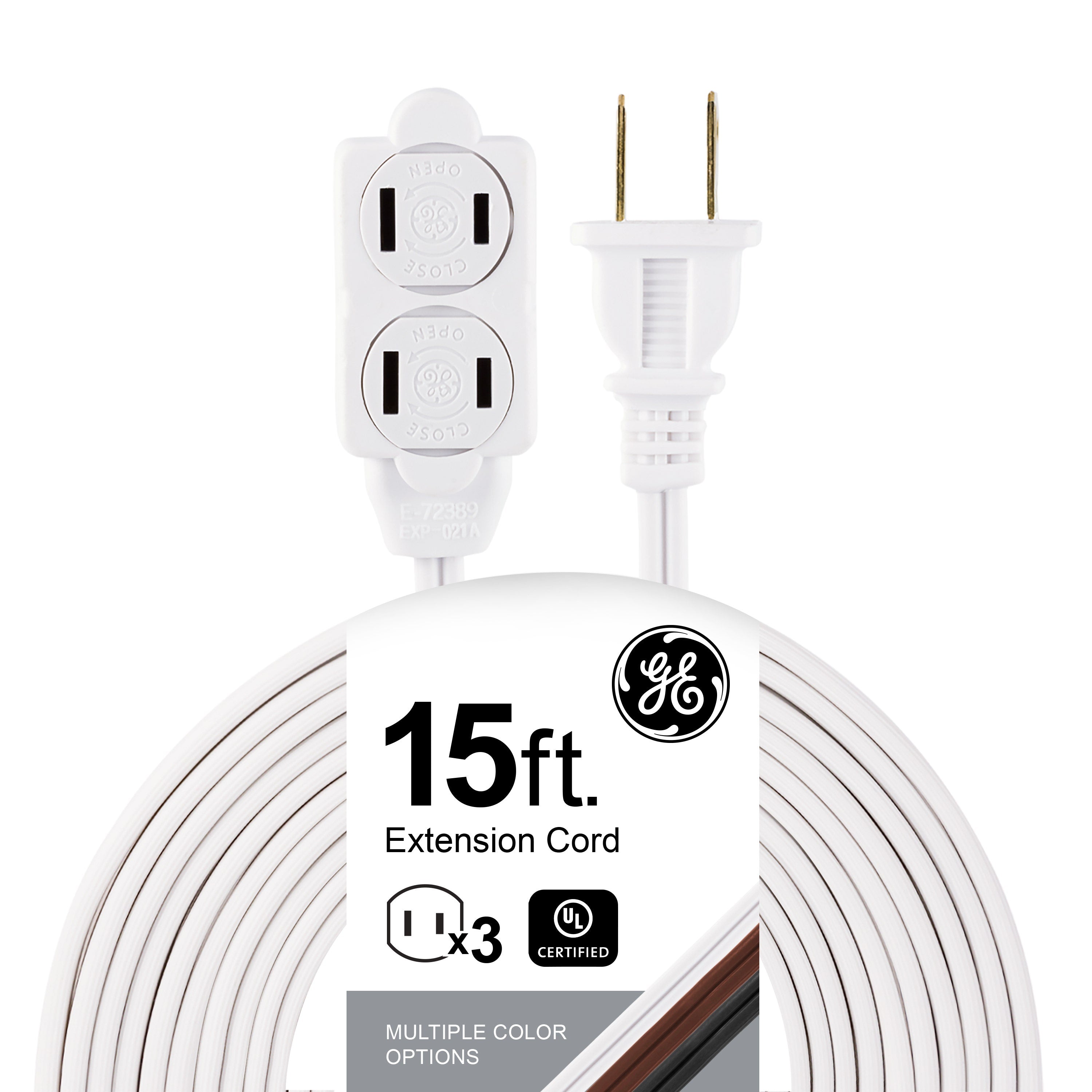 GE 3-Outlet 15ft. Extension Cord with Twist-to-Close Outlets, White