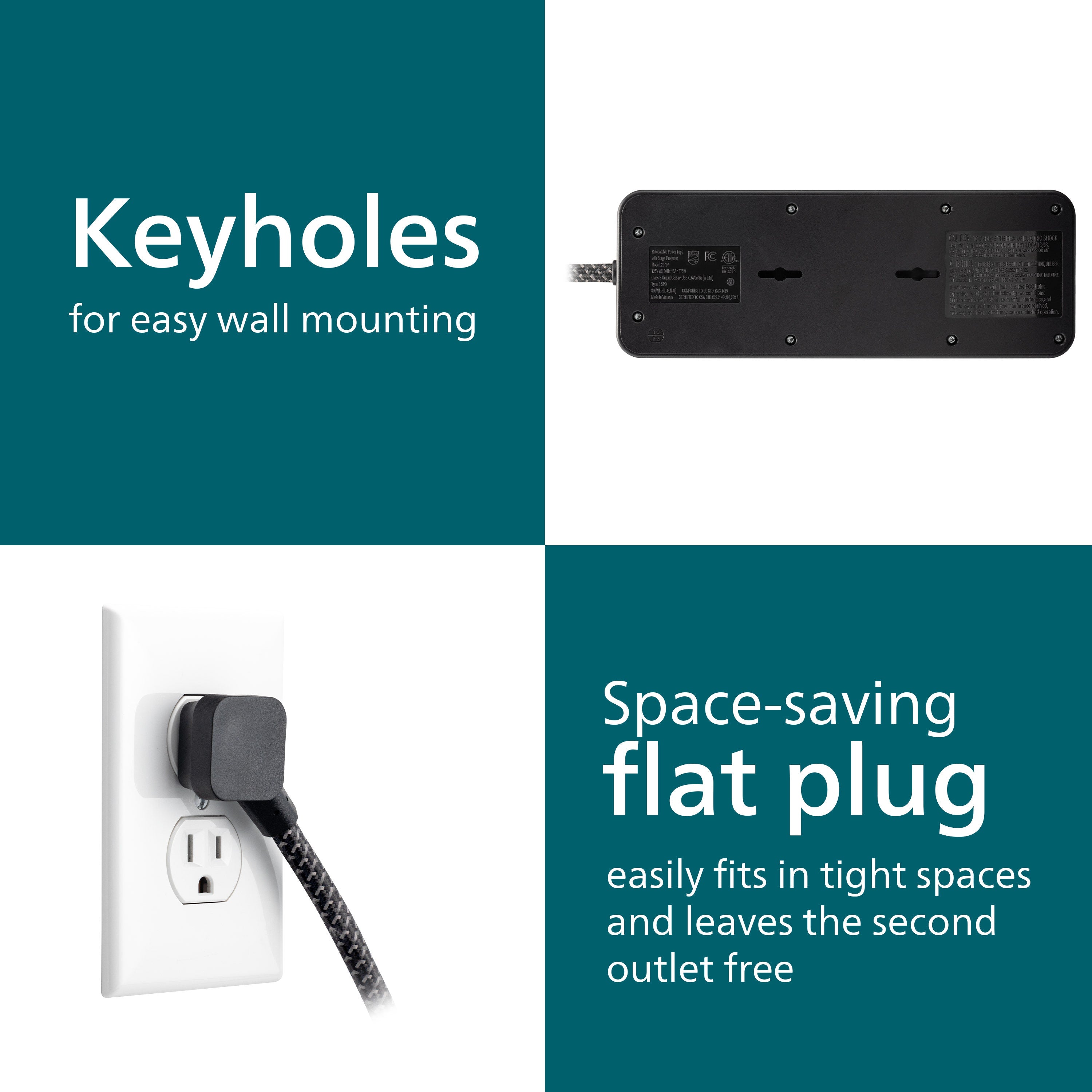 Philips 7-Outlet 6ft. 1 USB-A 1 USB-C Surge Protector With Adapter-Spaced Outlets, Black