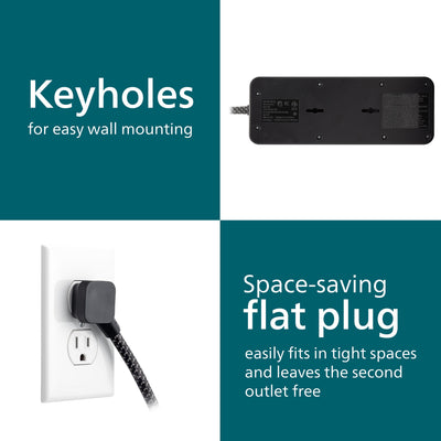 Philips 7-Outlet 6ft. 1 USB-A 1 USB-C Surge Protector With Adapter-Spaced Outlets, Black
