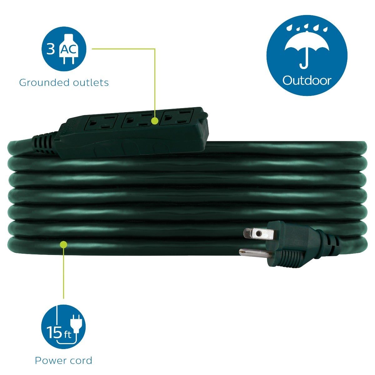Philips 3-Outlet 15ft. Outdoor Extension Cord, Green