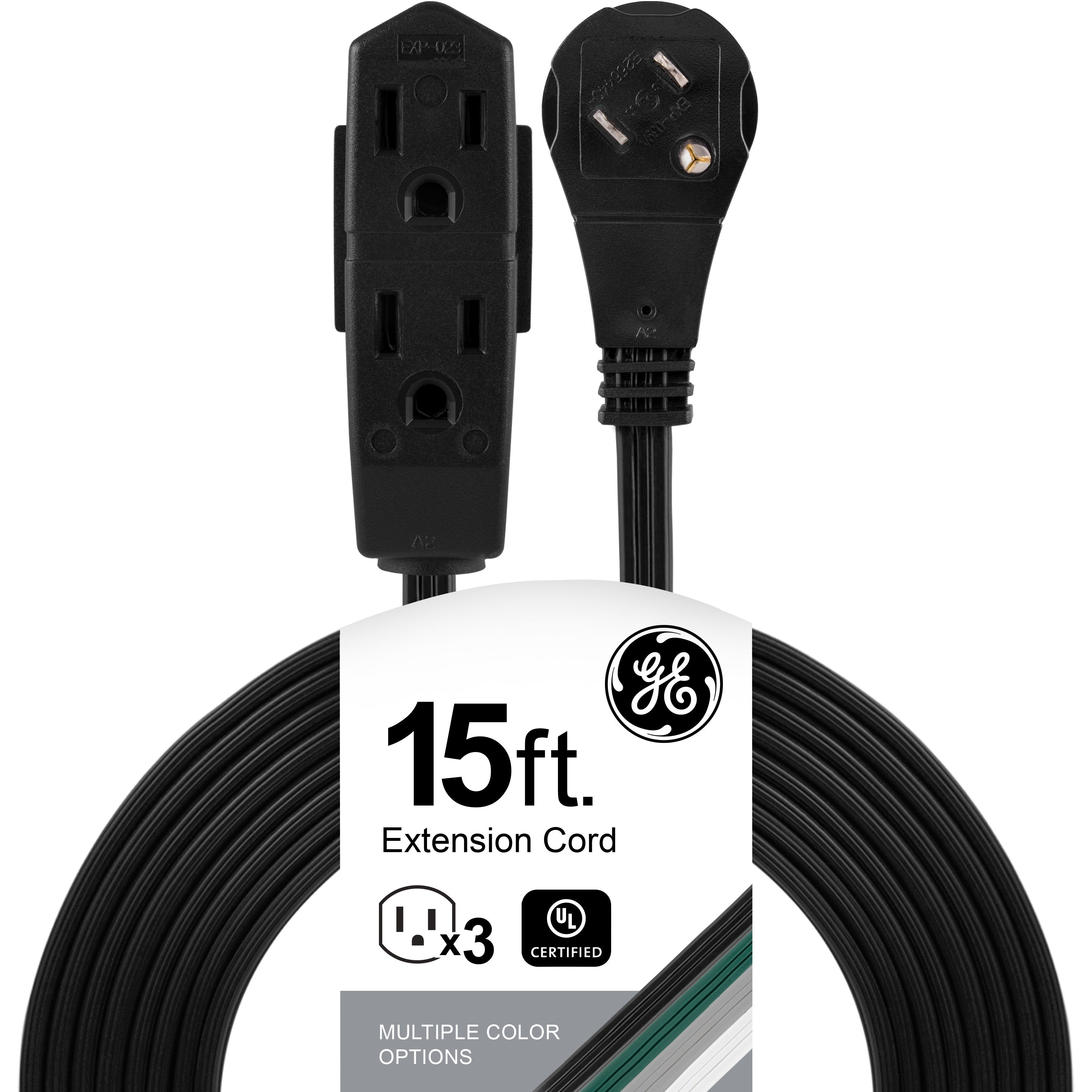 GE 3-Outlet 15ft. Extension Cord with Right-Angle Plug, Black