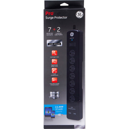GE 7-Outlet 2-USB 3ft. Surge Protector, Black